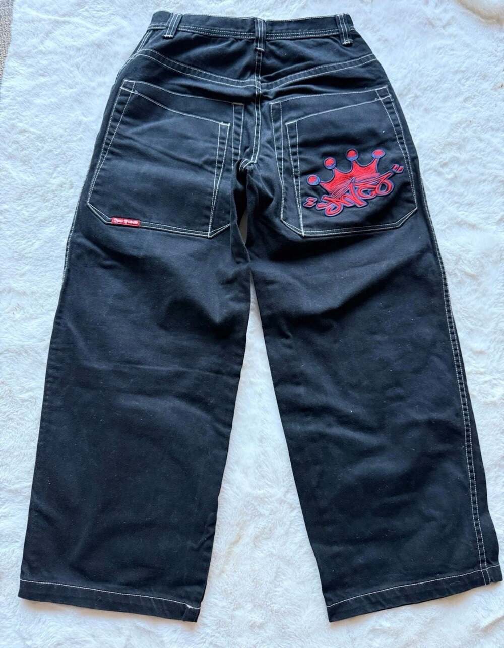 JNCO Jeans Black Wide Leg Pants with Red Crown Logo Embroidery, Size 30x30